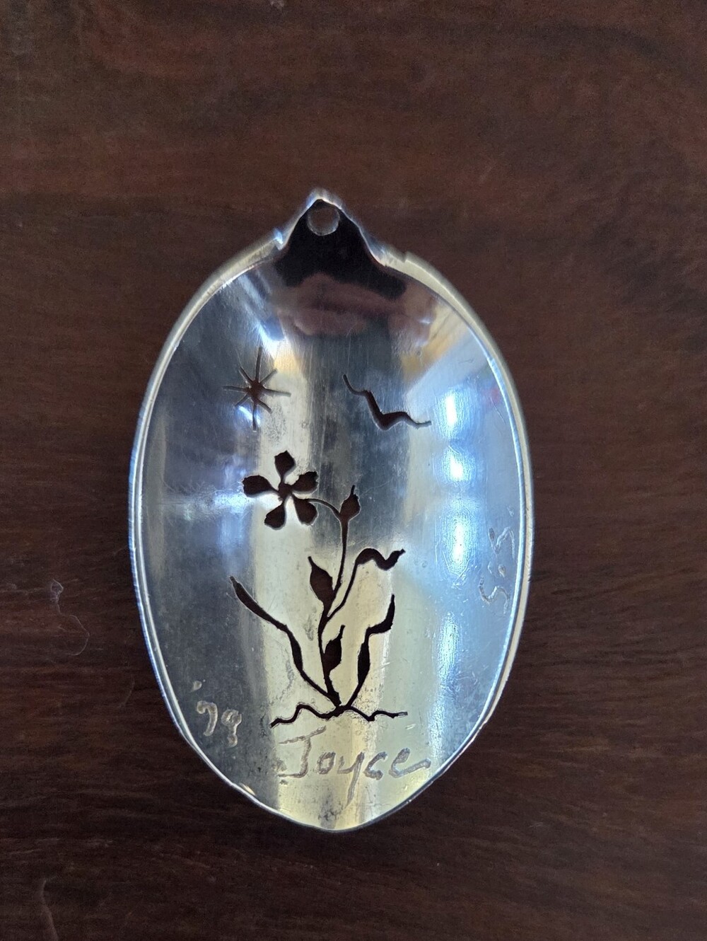 Vintage 1979 Signed Spoon Pendant Pierced Floral Artisan Jewelry